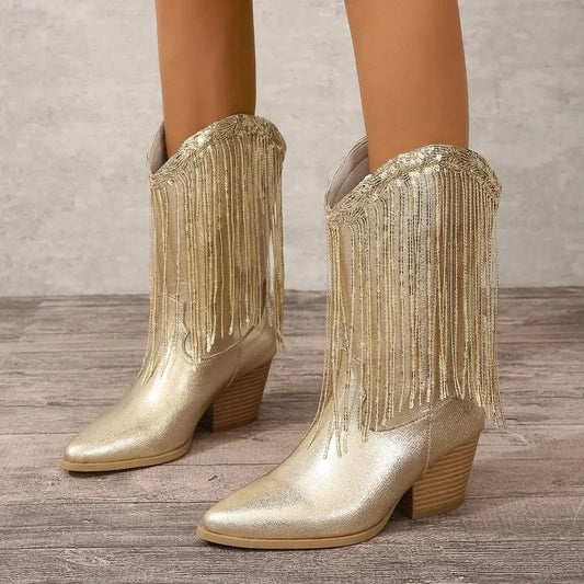 Shoes for Women 2023 Fringed Sequin Design Fashion Women's Boots Comfortable Square Heel Modern Boots New Gold Platform Boots - Acros