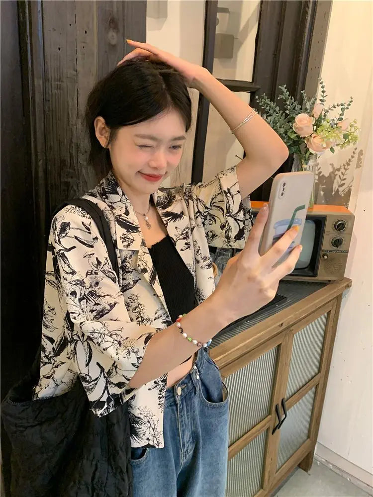 Women's vintage French-style printed shirt by Ansoff, featuring a cozy, simple summer design with creative, all-match versatility.