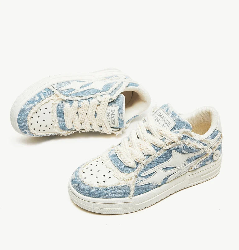 Women and men retro fashion star sneakers by Ansoff in white leather, casual outdoor sport shoes for couples.