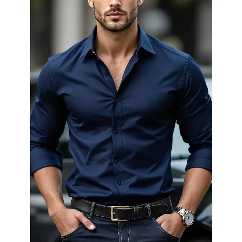 Men's long sleeve casual shirt by Ansoff, solid color, four-season, elastic fabric, ideal for smart business and casual wear