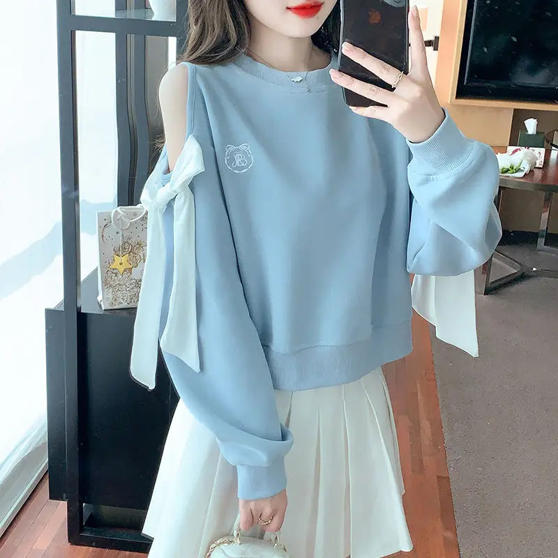 Off The Shoulder Sweatshirt For Women Harajuku Fashion Youthful Clothes Sport Essential New In Basic Blue Woman Pullover Tops - Acros