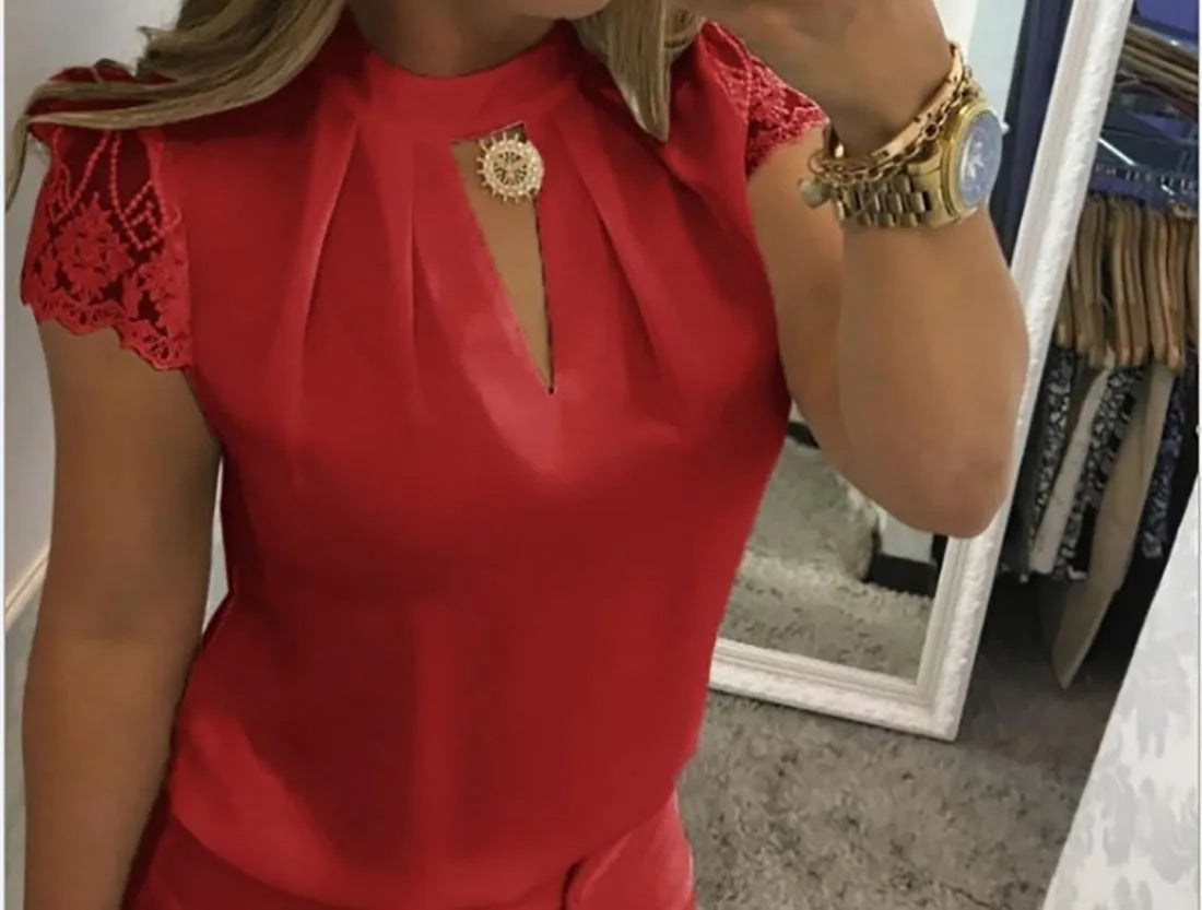 Ansoff women's blouse with high neck, deep V-back, lace sleeves, patchwork design, stand-up collar, and zipper detail.