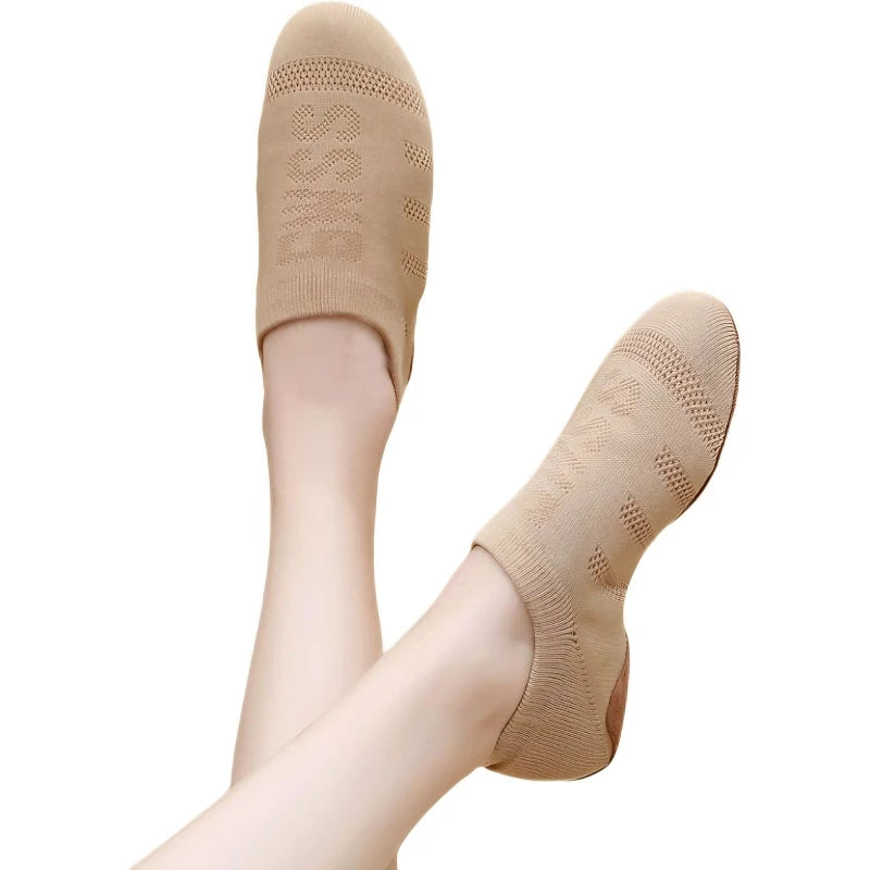 Ansoff women's dance shoes with knitted upper, low heel, soft sole, suitable for ballet, jazz, ballroom, and Latin dancing.