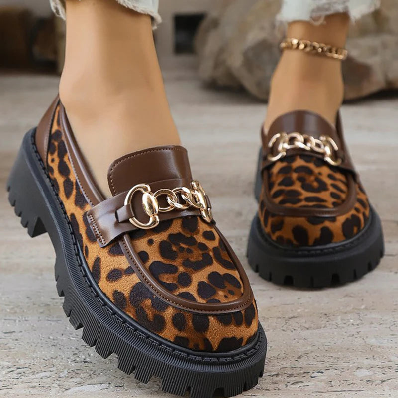 Shoes for Women Fashion Retro Suede Leopard Loafers Metal Decoration Round Toe Women's Loafers Casual Chunky Platform Shoes Lady - Acros