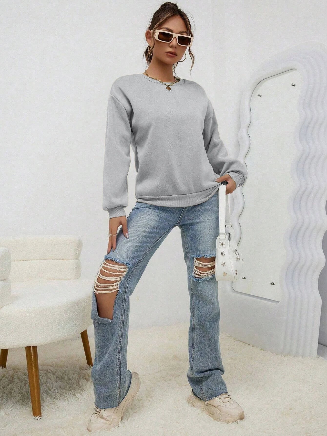 Woman Sweatshirt Casual Solid Color All-Match Clothing Loose Fashionable Pullovers Autumn Crewneck Warm  Female Hoodies - Acros