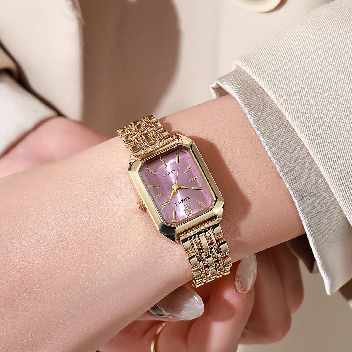 Women Watches Business Luxury Ladies Fashion Quartz Watch Simple Scale Square Quality Gold Plated Stainless Steel Folding Clock - Acros