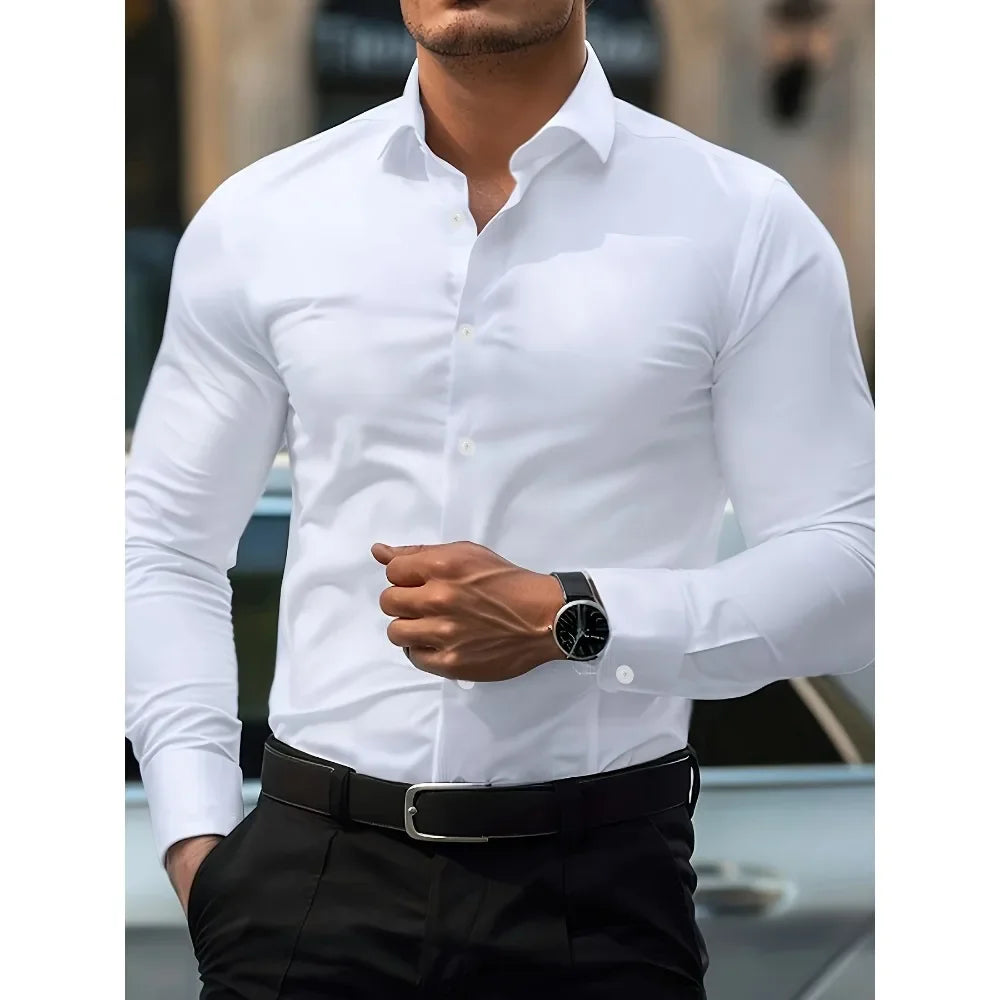 Men's solid color long sleeve shirt by Ansoff, smart casual style, four-season elastic business shirt, neatly folded and displayed.