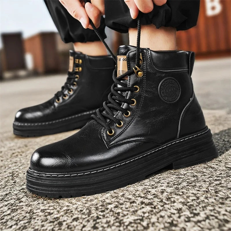 Ansoff 2026 high-top work and motorcycle boots with thick soles, casual leather design, British style for versatile wear