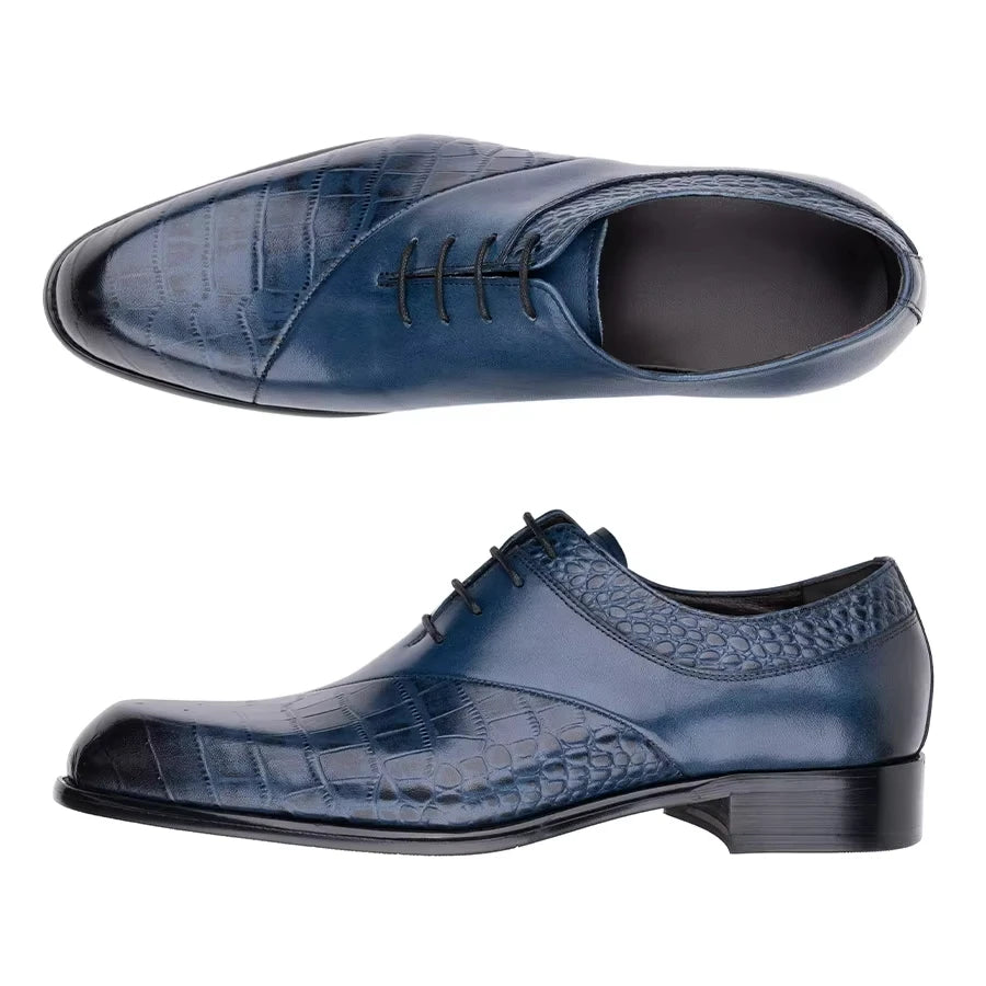 Men's blue Oxford shoes by Ansoff, handmade from top layer cowhide leather, featuring a luxury retro design for business and wedding wear.