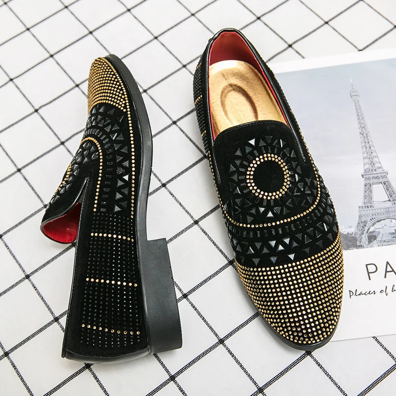 Ansoff men's pointed casual leather slip-on shoes with rhinestone accents and breathable design, ideal for fashion-forward nightlife wear.
