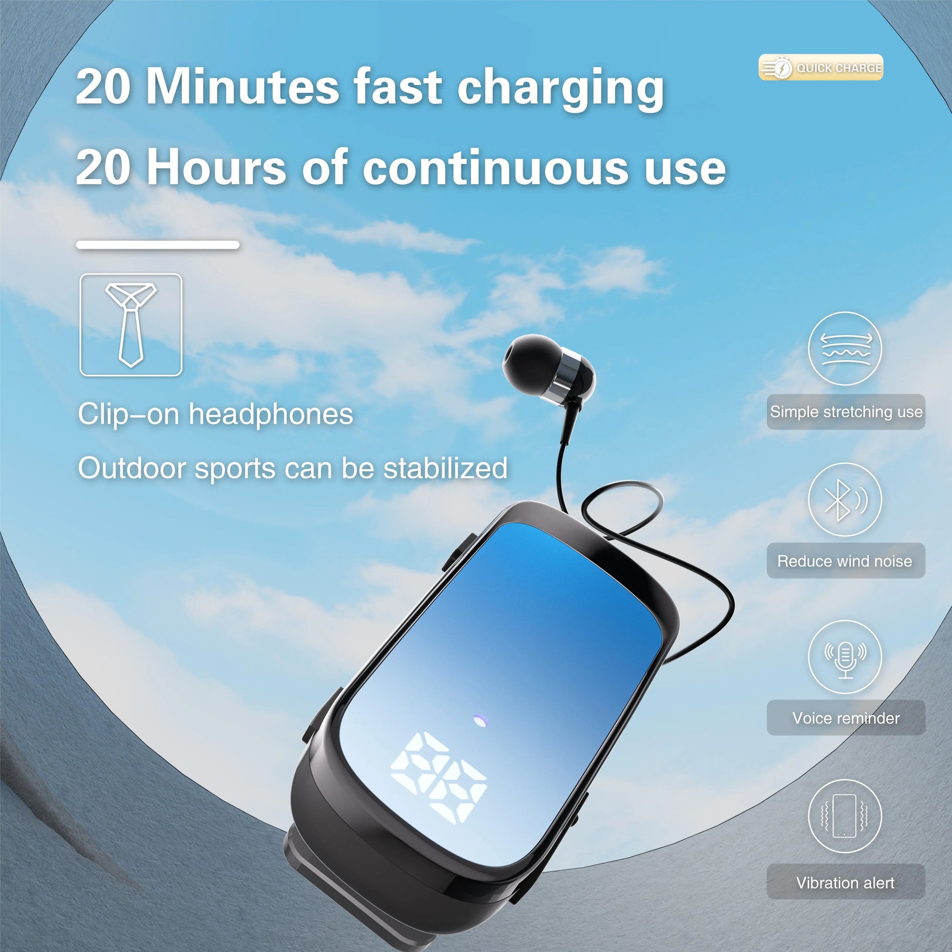 Ansoff K65 Lavalier Bluetooth 5.2 wireless earphones with LED display and noise cancelling, designed for talk and music with 20-hour battery life.