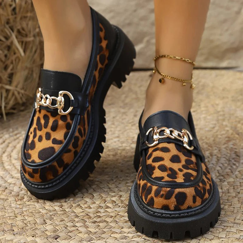 Shoes for Women Fashion Retro Suede Leopard Loafers Metal Decoration Round Toe Women's Loafers Casual Chunky Platform Shoes Lady - Acros