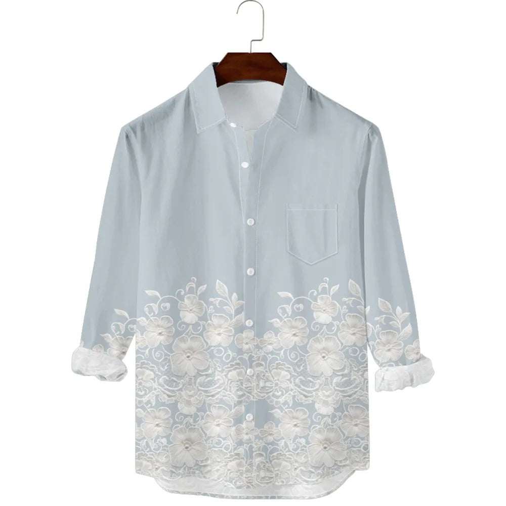 Ansoff Hawaiian button-up shirt with retro floral print, full sleeves, casual streetwear style for men in dark academia fashion.