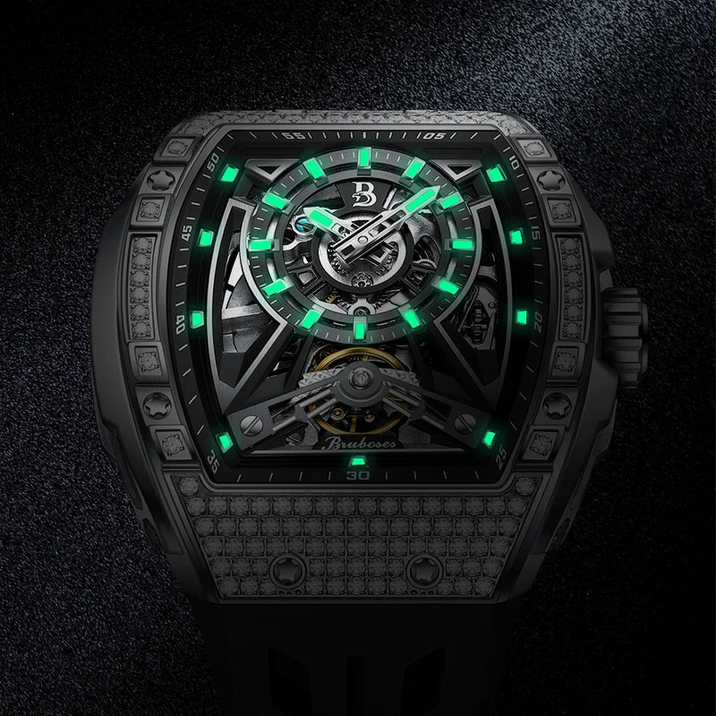 Men Mechanical Winding Watch Montre Homme 2024 New BRUBOSES 5ATM Water Resistant Luminous Tonneau Quartz Wristwatch WIth Diamond - Acros