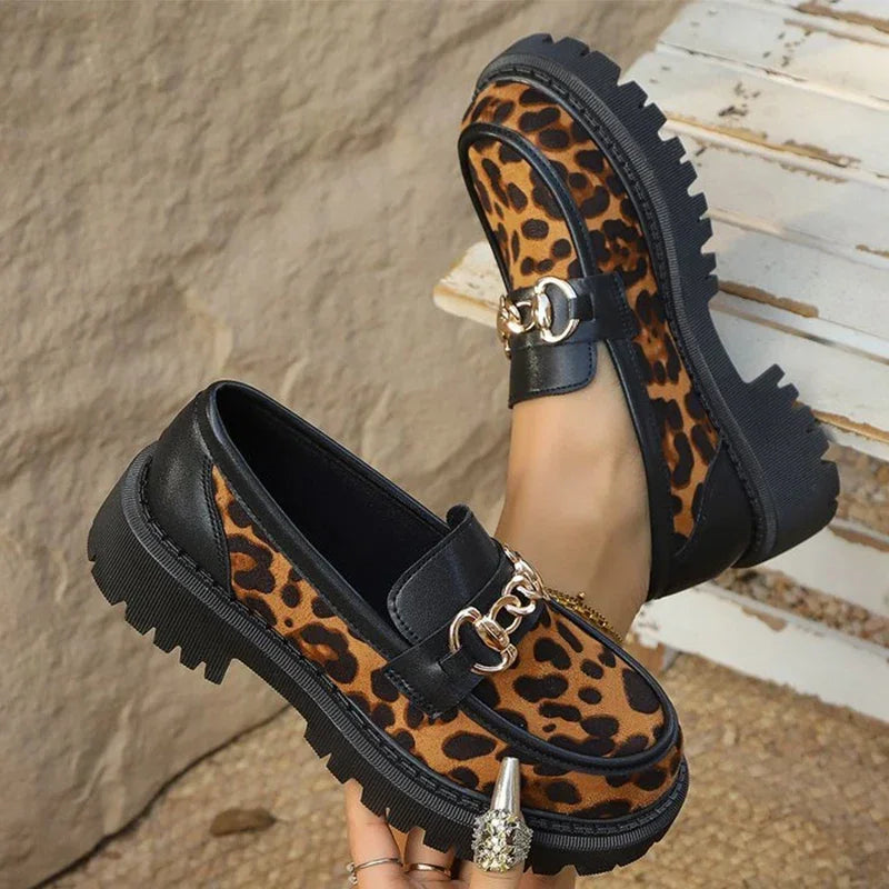 Shoes for Women Fashion Retro Suede Leopard Loafers Metal Decoration Round Toe Women's Loafers Casual Chunky Platform Shoes Lady - Acros