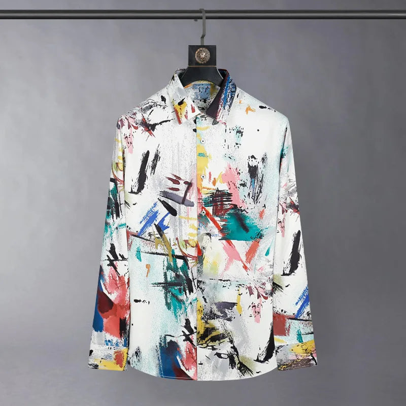 Ansoff 2025 men's silk graffiti print long sleeve casual shirt with slim fit, ideal for streetwear and nightclub stage fashion.
