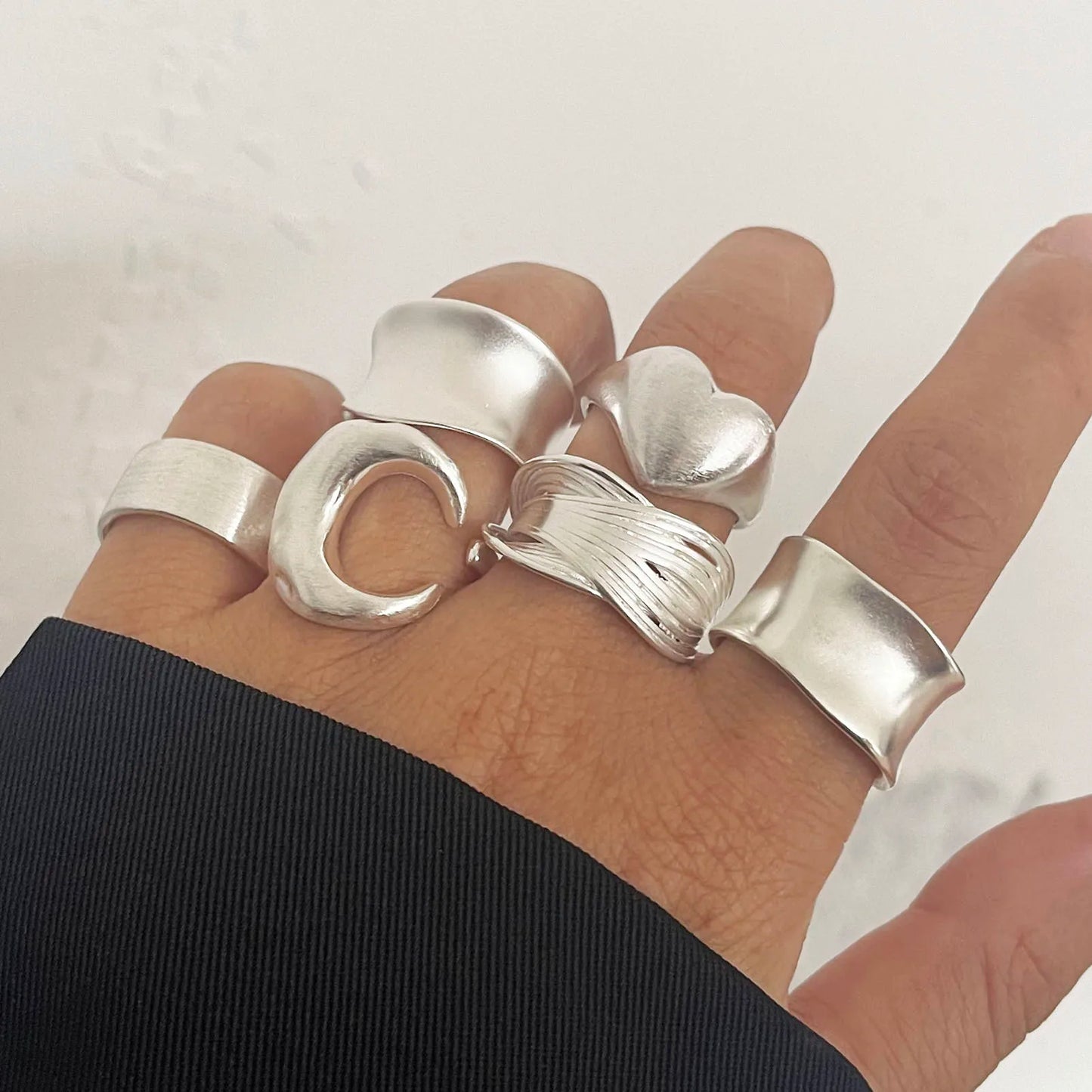 Sterling silver rings for women, minimalist handmade wide moon design, perfect for parties and allergy prevention by Ansoff.