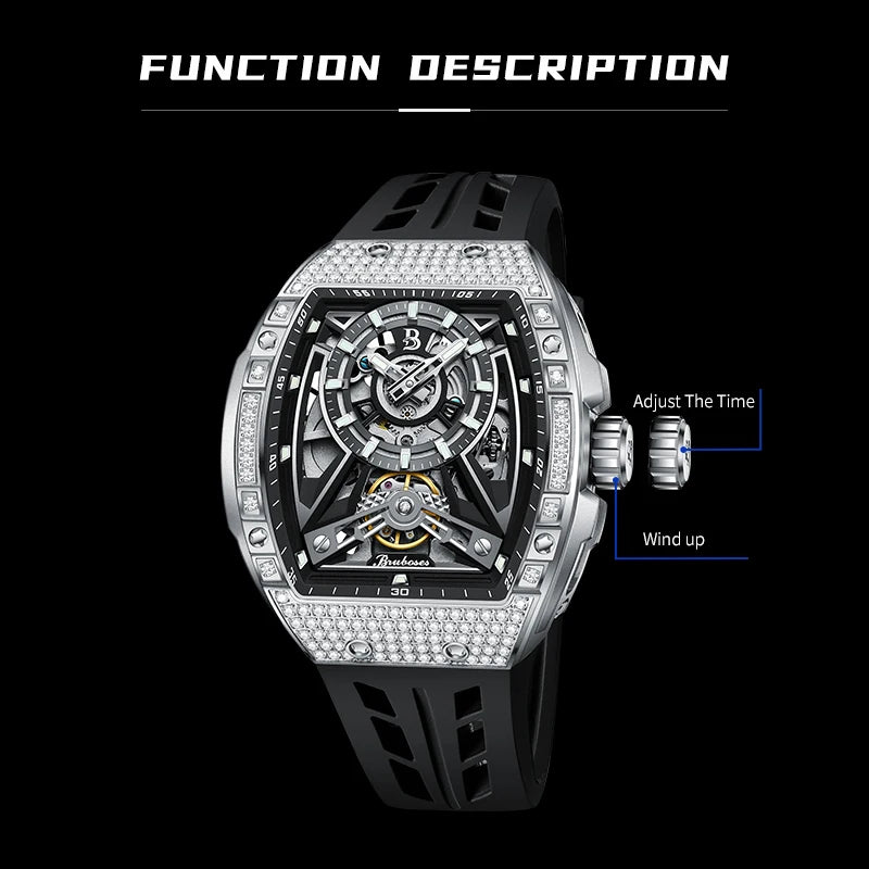Men Mechanical Winding Watch Montre Homme 2024 New BRUBOSES 5ATM Water Resistant Luminous Tonneau Quartz Wristwatch WIth Diamond - Acros