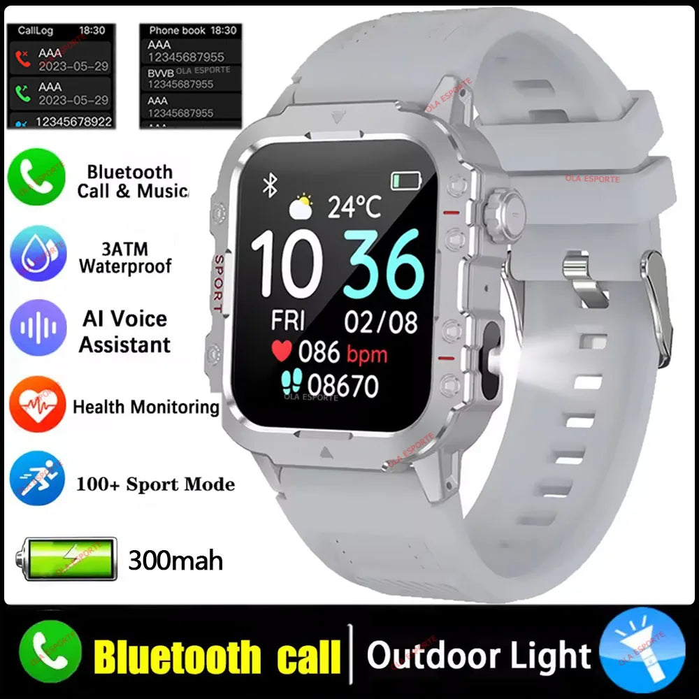 Ansoff rugged military smart watch for men with HD touch screen, LED flashlight, Bluetooth call, outdoor durable design