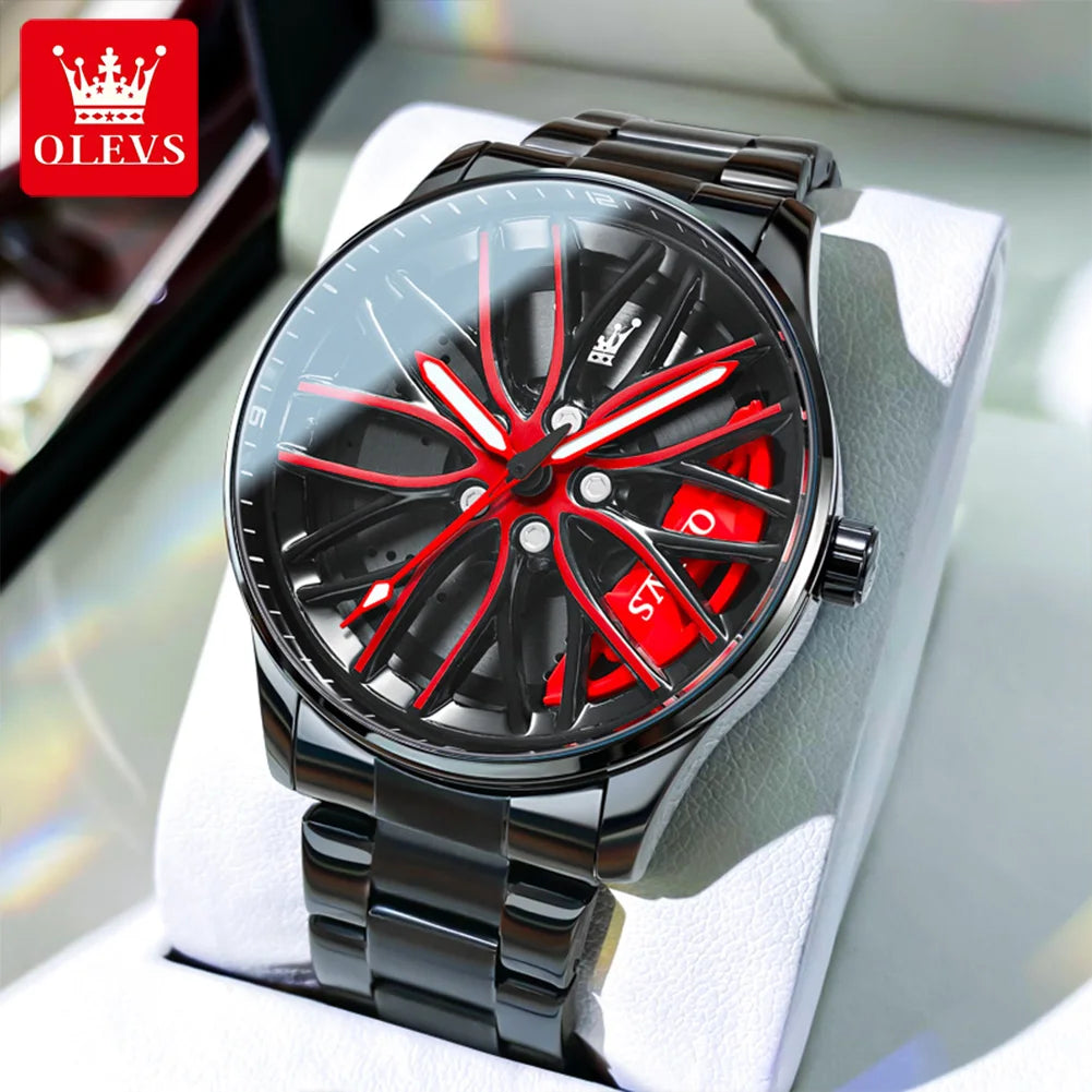 OLEVS Men Watches Rotatable Wheel Hub Dial Fashion Trend Original Quartz Wristwatch Waterproof Stainless Steel Luminous No.9937 - Acros