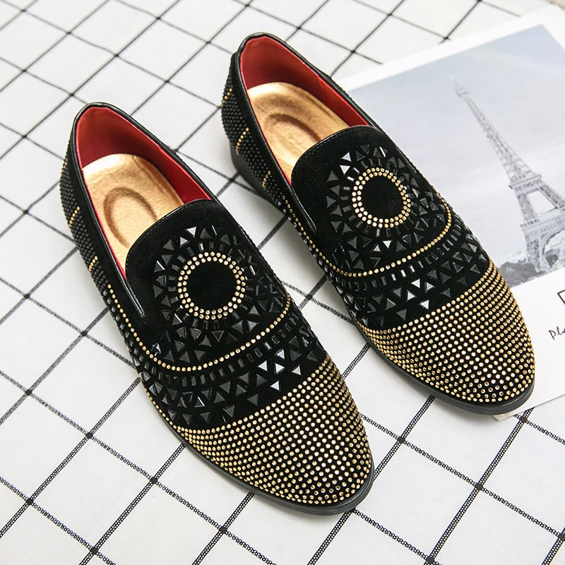Ansoff men's pointed casual leather slip-on shoes with rhinestone accents, breathable design, suitable for fashion and nightlife.