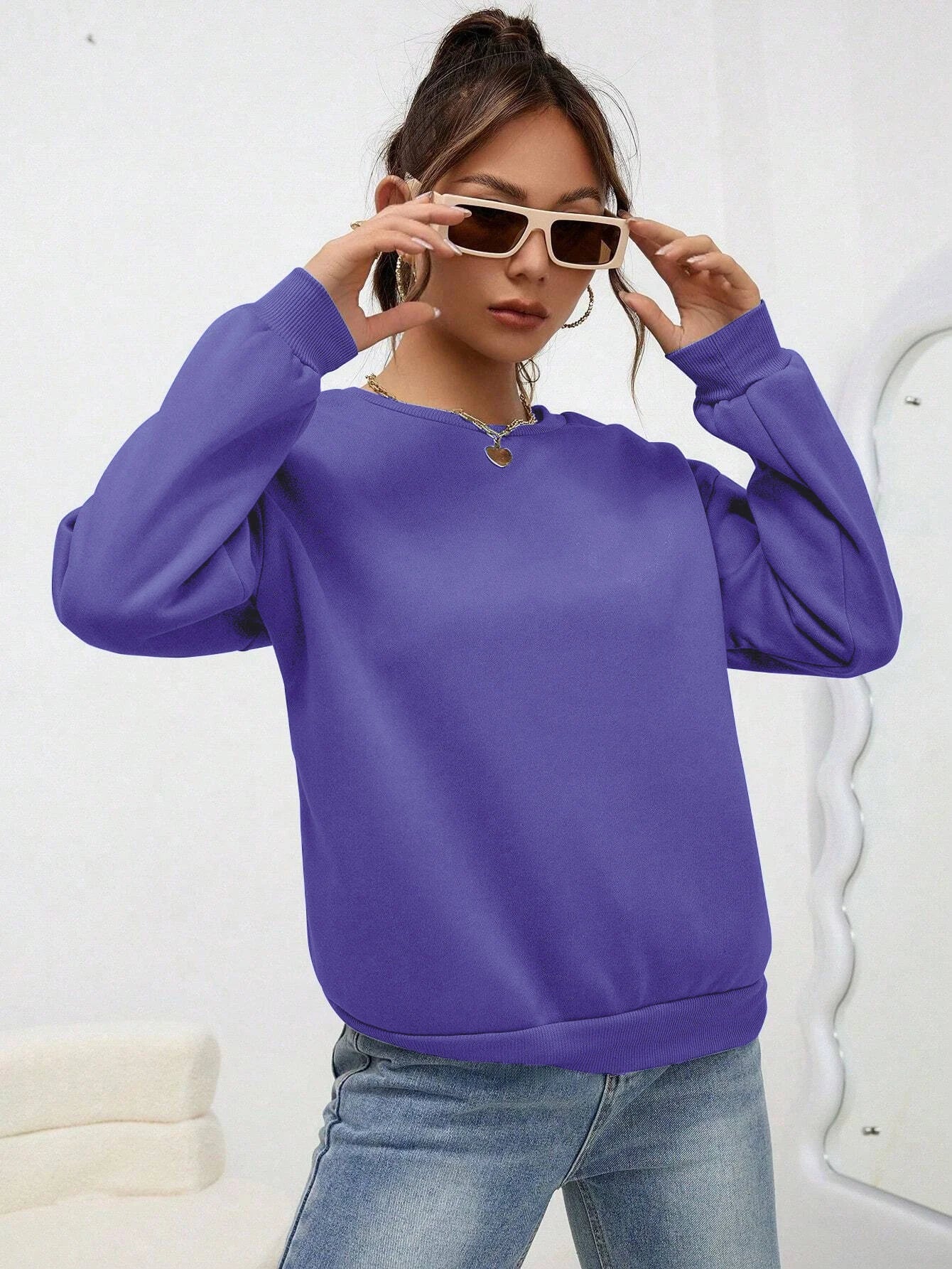 Woman Sweatshirt Casual Solid Color All-Match Clothing Loose Fashionable Pullovers Autumn Crewneck Warm  Female Hoodies - Acros