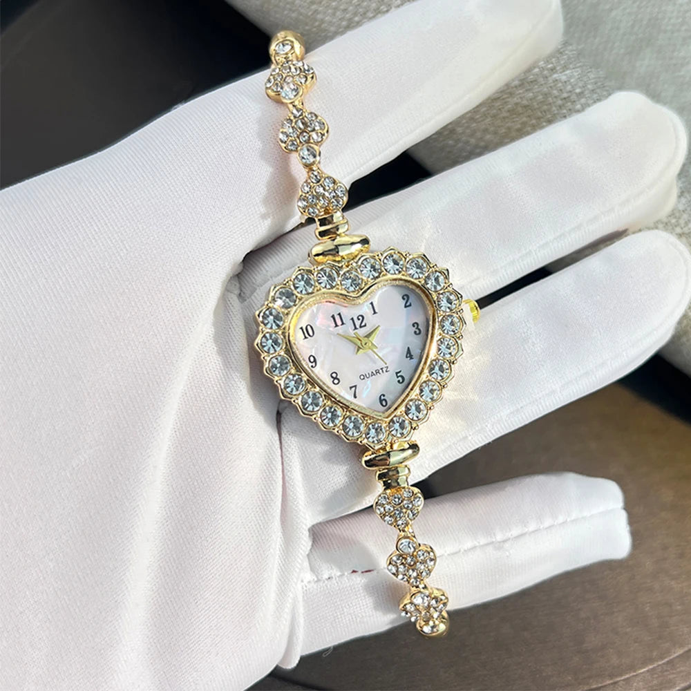 New Fashion Heart-shaped Ribbon-Strap Diamond-Studded Flower Watch for Women with Adjustable Bracelet - Acros