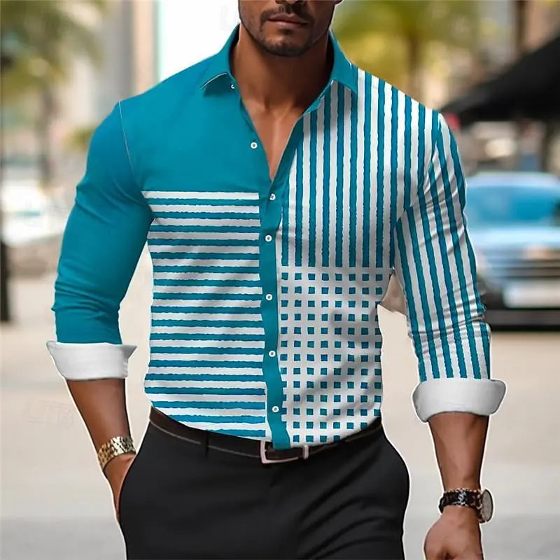 Ansoff men's striped business casual long-sleeve shirt with buttons, suitable for spring and summer workwear, comfortable fit.