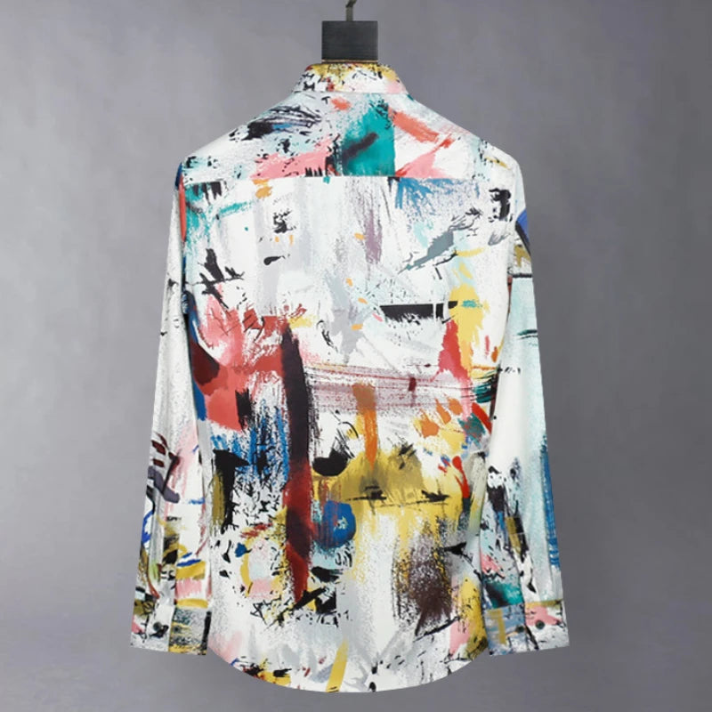 Ansoff men's 2025 silk graffiti print long sleeve casual shirt with slim fit, stylish streetwear design, perfect for nightlife and stage.