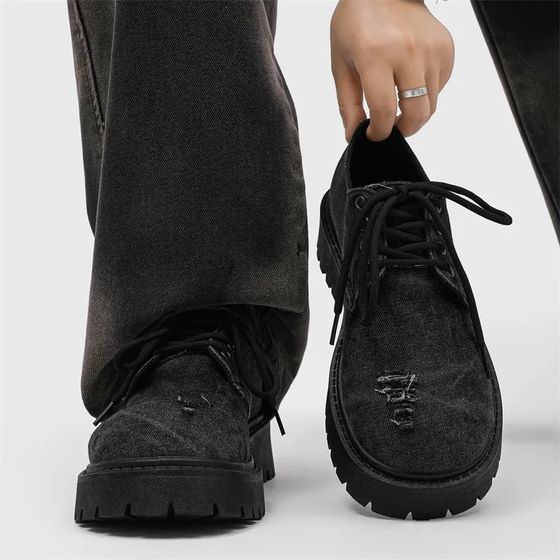Men's distressed denim Derby shoes by Ansoff featuring chunky platform soles and avant-garde grunge style for streetwear fashion.