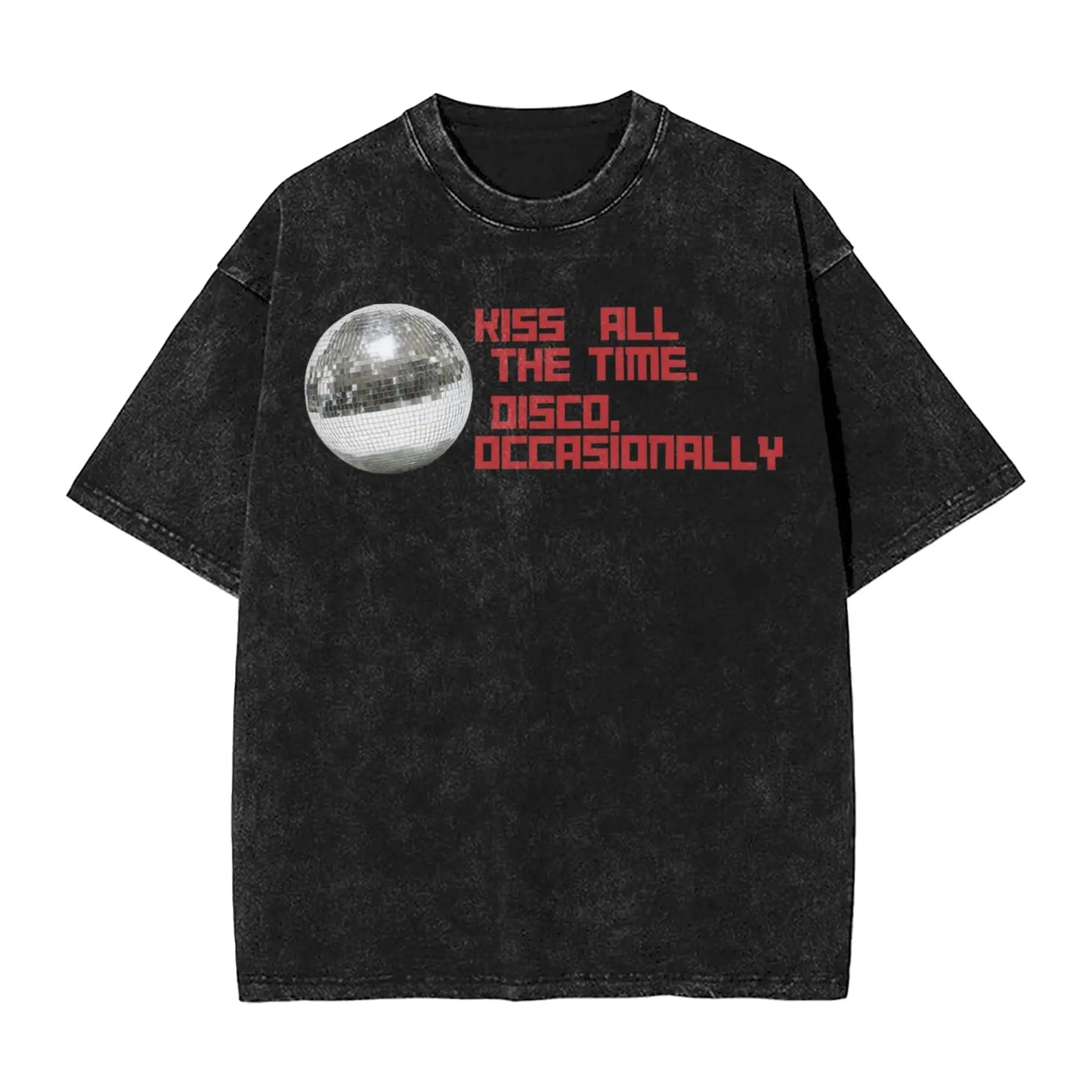 Ansoff Harry Styles Kiss All The Time Disco washed short sleeve streetwear T-shirt for men and women, featuring bold graphic design.