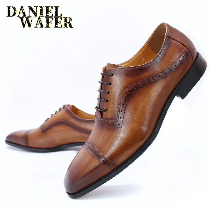 Ansoff men's black and brown leather Oxford brogue shoes with cap toe, lace-up formal dress shoes for wedding and office wear.