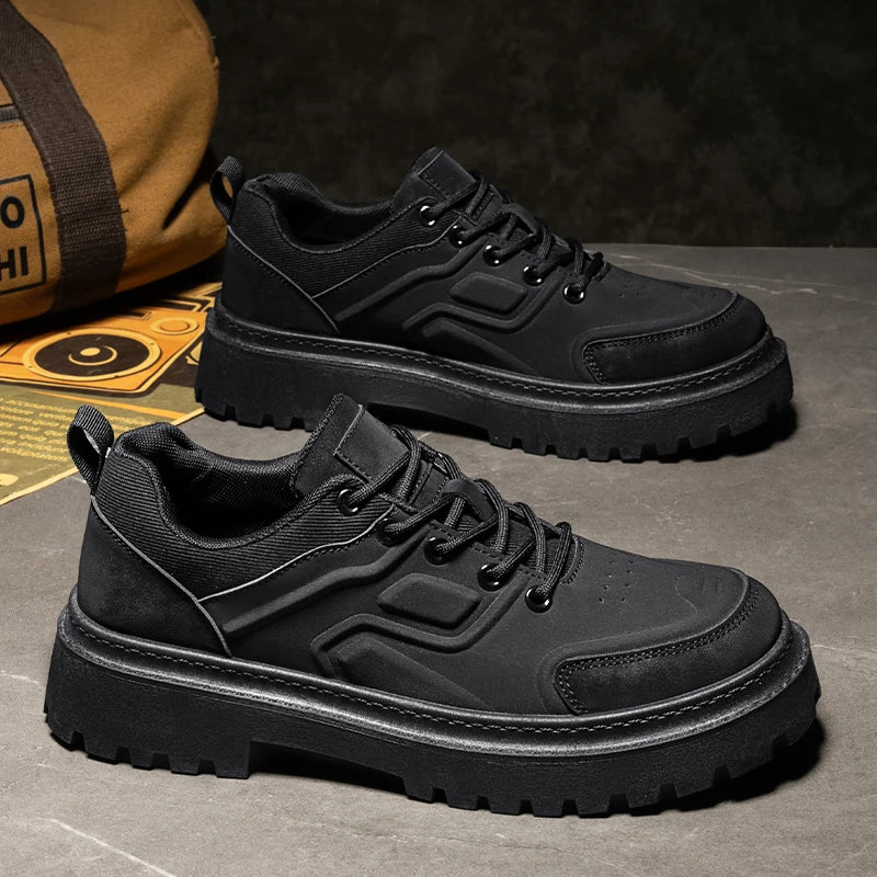 Ansoff men's autumn work boots with chunky anti-slip thick soles, yellow combat design, durable material, and height increase feature.