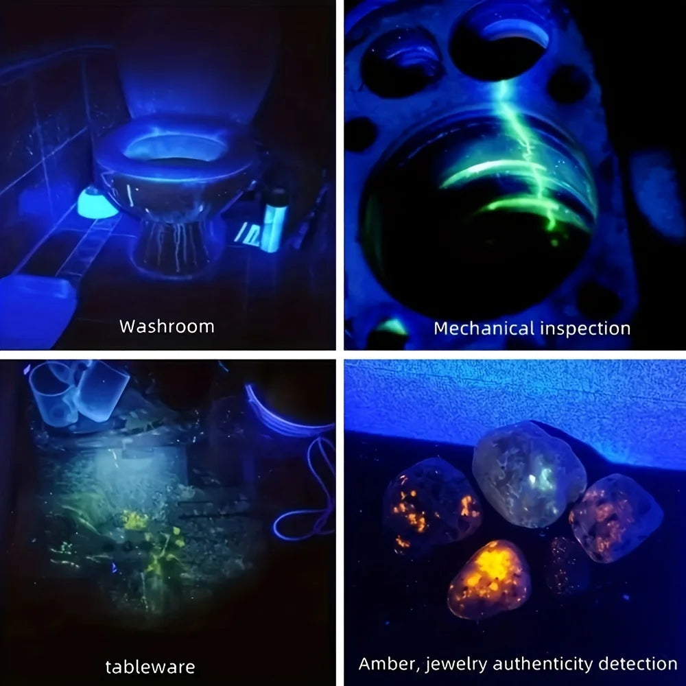 Ansoff portable UV395NM flashlight with zoomable ABS body, three modes, used for camping and fluorescent pet detection.