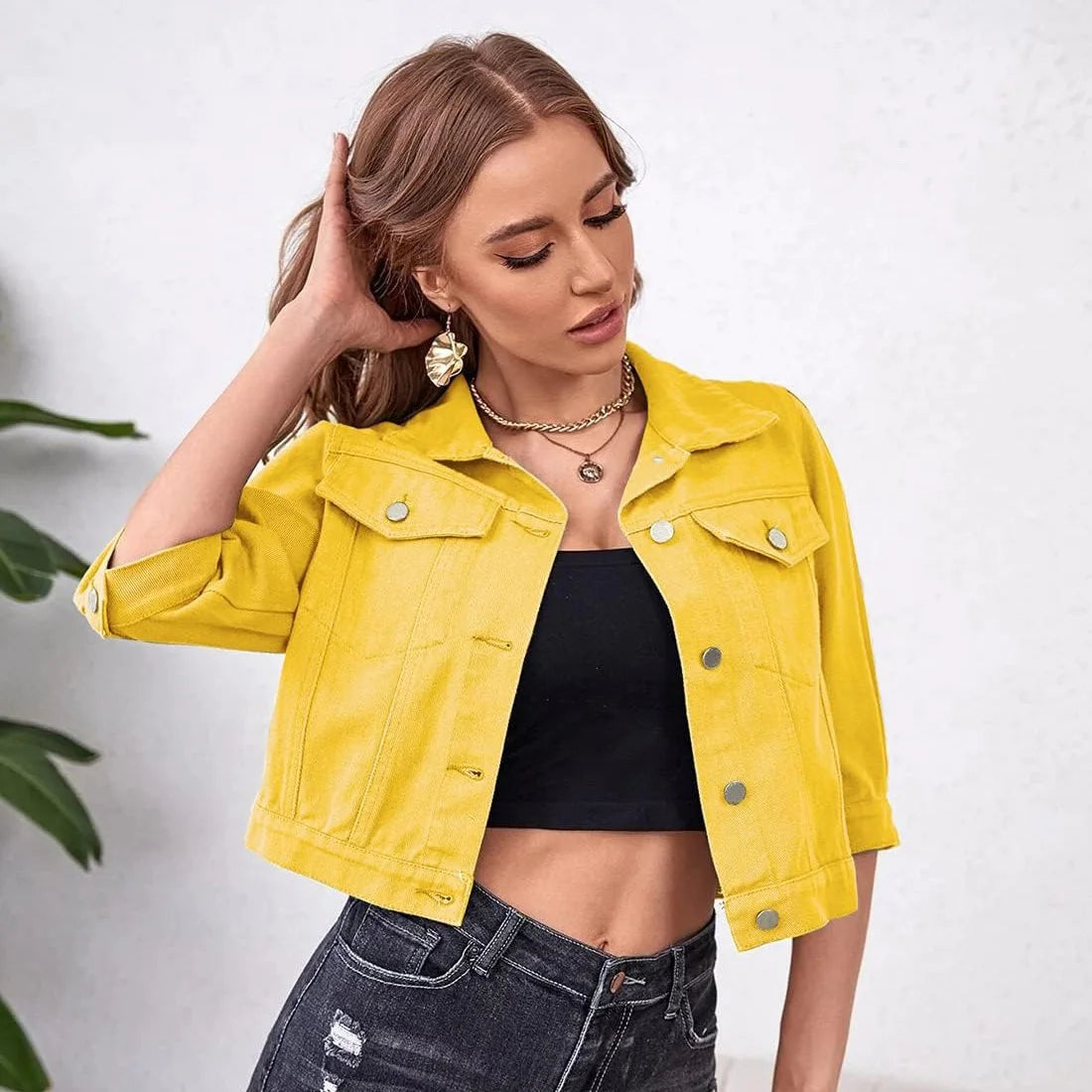 Womens Jean Jacket Cropped Denim Jackets Purple Yellow White Blue Stretchy 3/4 Puff Sleeve Distressed Shacket With Pockets