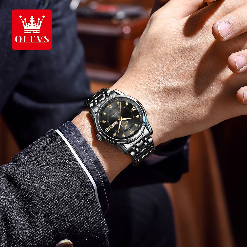 OLEVS Man Watches Original Waterproof Luminous Quartz Watch Week Date Watches For Man Gifts Box Steel Strap 5513 - Acros