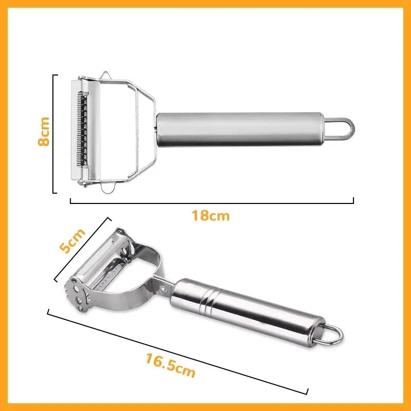 Ansoff stainless steel vegetable peeler with double-head design for peeling fruits and vegetables in a household kitchen setting.