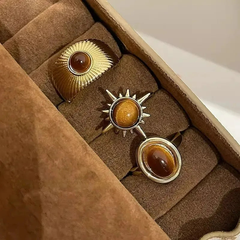 Retro Brown Stone Rings for Women - Irregular Gold Color Adjustable Ring Fashion Jewelry Gifts - Acros