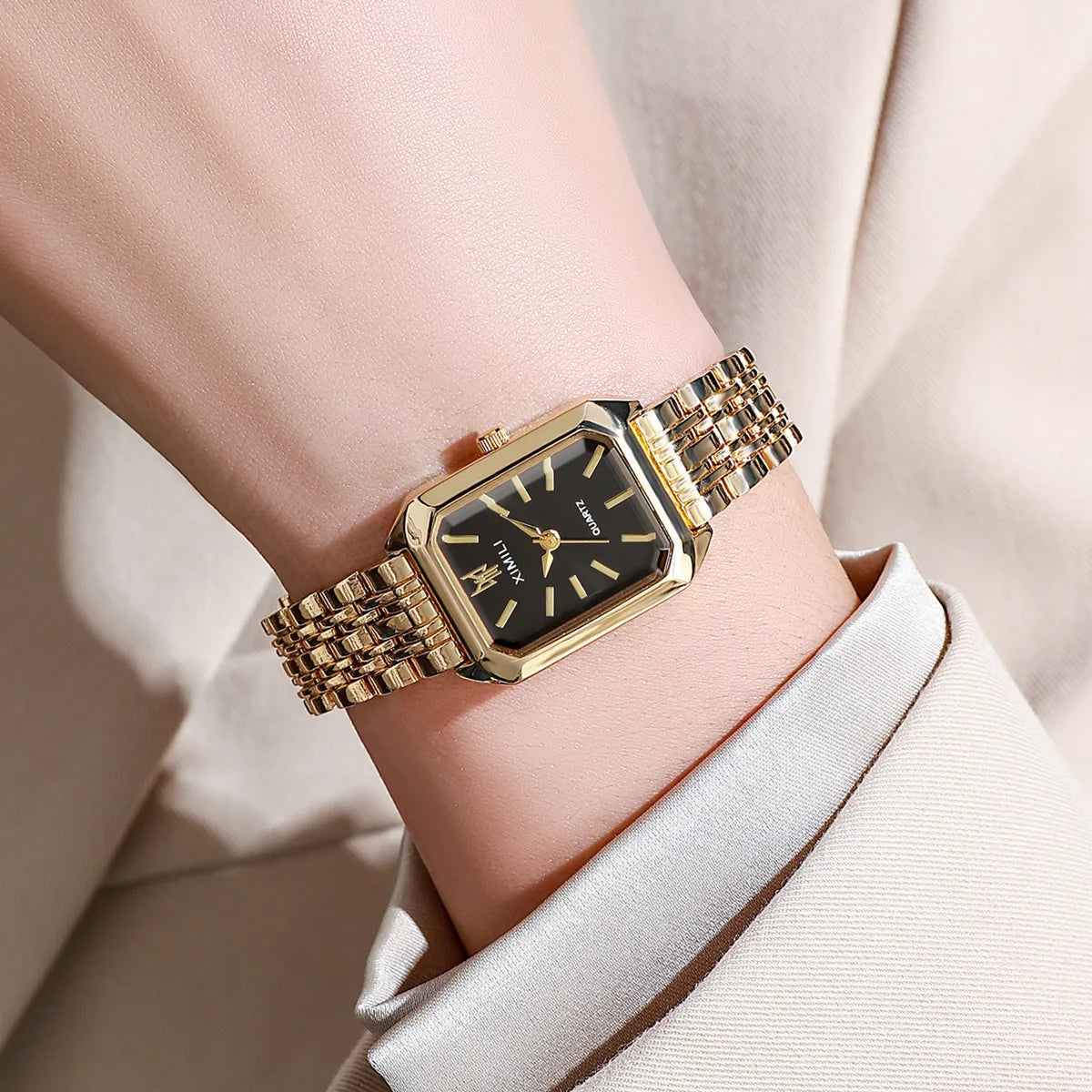 Women Watches Business Luxury Ladies Fashion Quartz Watch Simple Scale Square Quality Gold Plated Stainless Steel Folding Clock - Acros