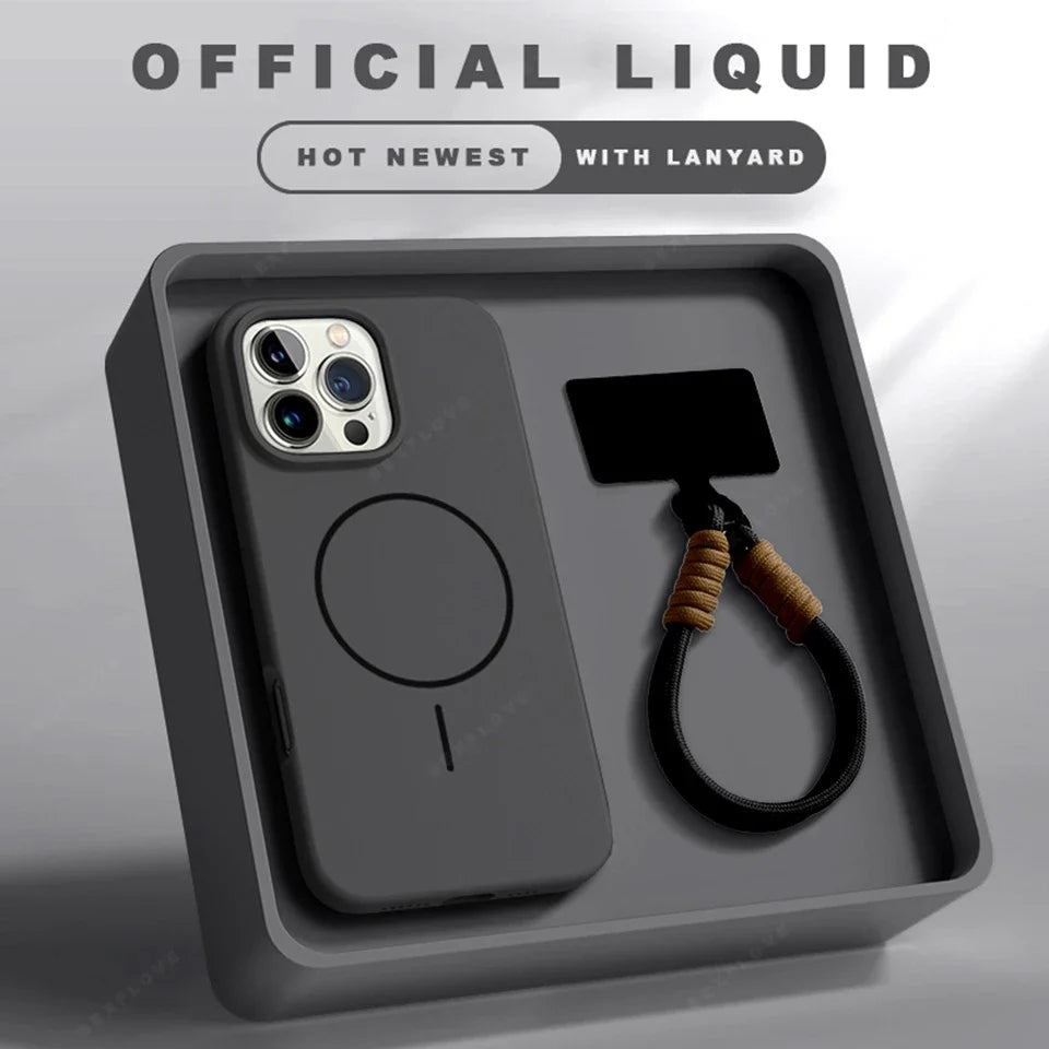 Magnetic Phone Case For iPhone 15 14 16 Plus 11 12 13 16 Pro Max Silicone Official Lanyard Magsafe Strap Protector Soft Cover - Acros