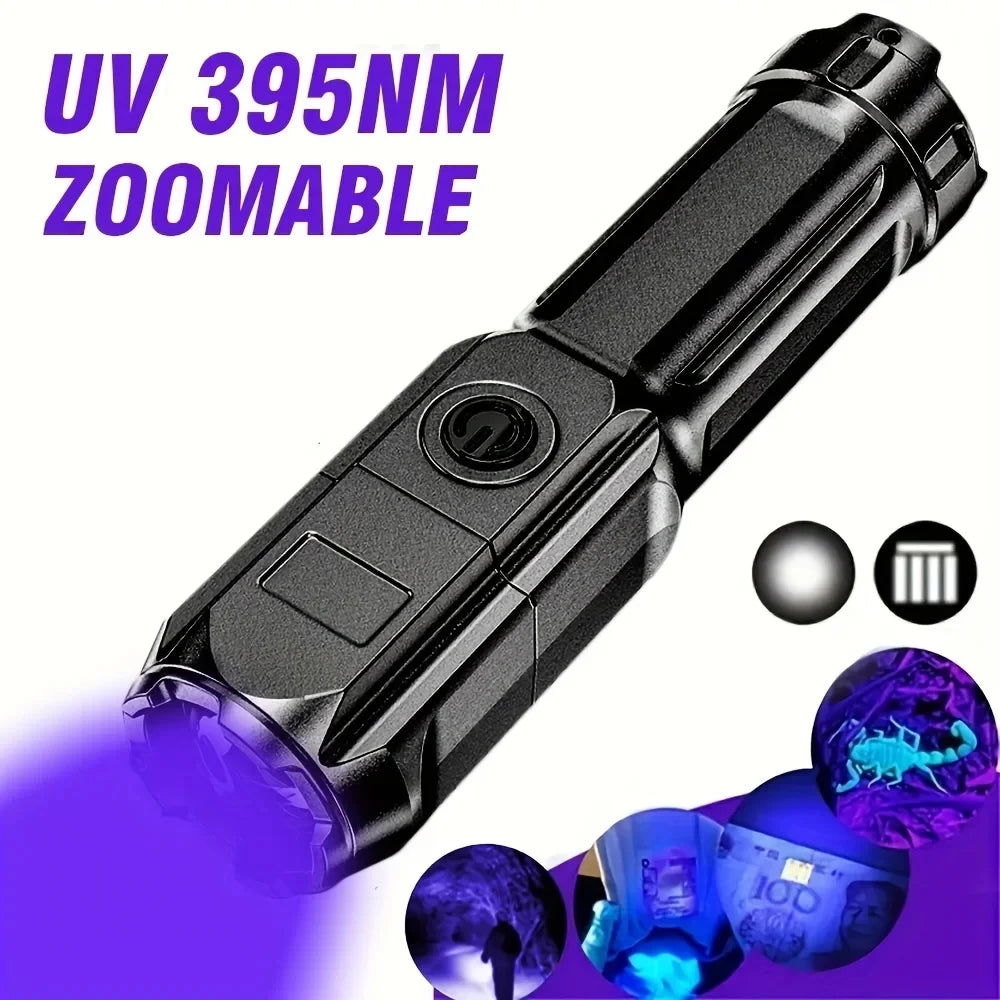 Ansoff portable UV395NM flashlight with zoom feature, three modes, made of ABS, used for camping, pet inspection, and fluorescent detection.