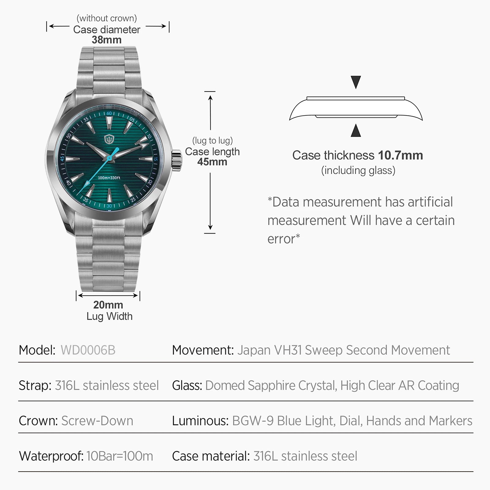 Watchdives WD0006 Watch VH31 Sweep Second Movement Domed Sapphire Crystal BGW9 Luminous 10Bar Waterproof 38mm Vintage Watches - Acros