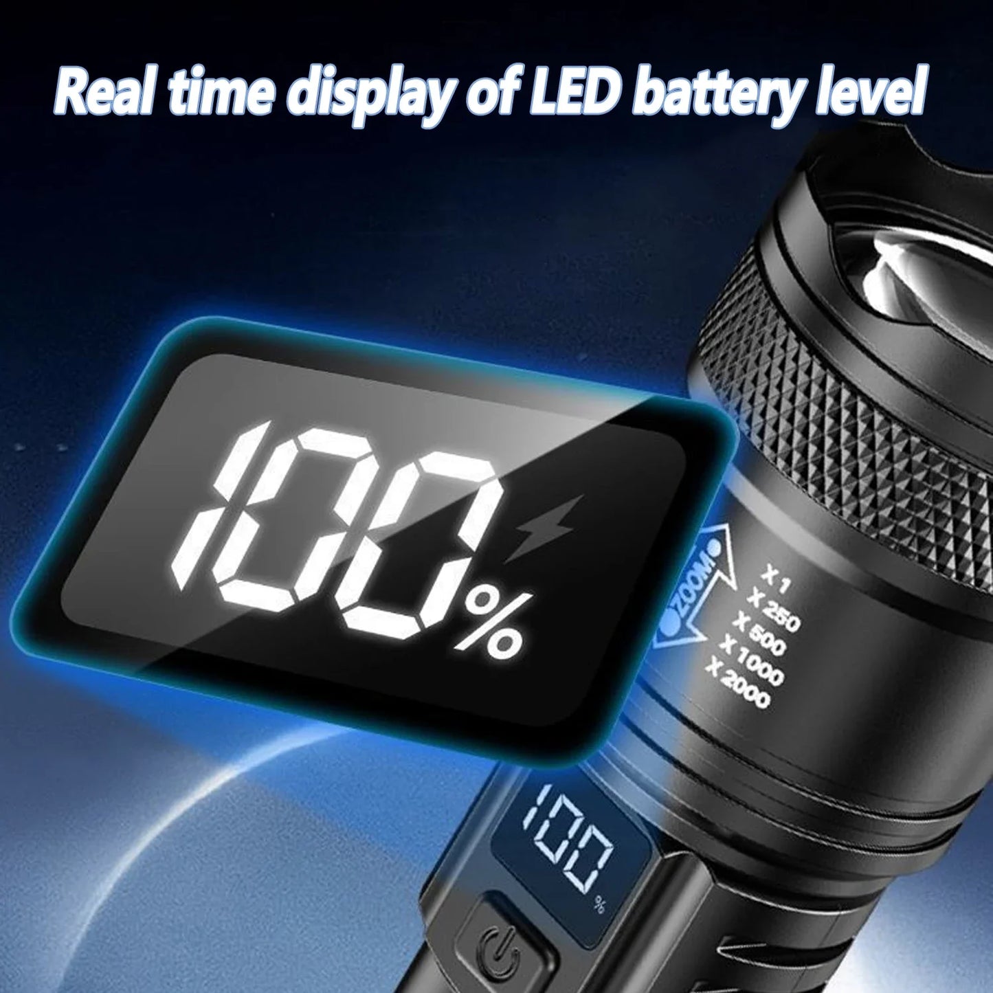 Rechargeable LED Flashlight Zoomable Torch with LCD Display 3 Modes Waterproof High Power Hand Light Outdoor Wilderness Camping - Acros