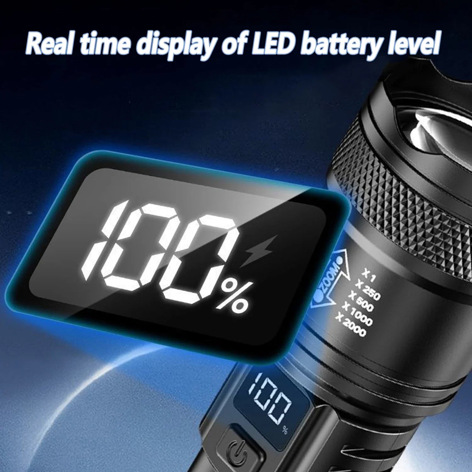 Rechargeable LED Flashlight Zoomable Torch with LCD Display 3 Modes Waterproof High Power Hand Light Outdoor Wilderness Camping - Acros
