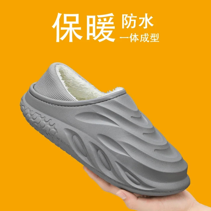 Men's and women's waterproof slippers with velvet heel covers, non-slip, wear-resistant home shoes by Ansoff.