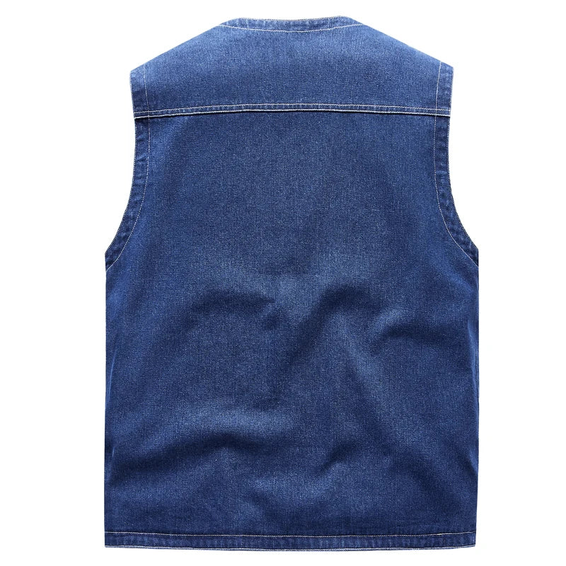 Men Jean Vest Outerwear Denim Waistcoat Multi-pocket Cargo Denim Jacket Blue Sleeveless Coat Retro Fashion Motorcycle Vest