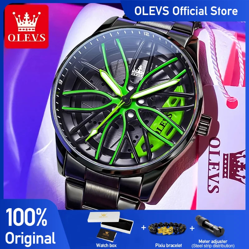 OLEVS Men Watches Rotatable Wheel Hub Dial Fashion Trend Original Quartz Wristwatch Waterproof Stainless Steel Luminous No.9937 - Acros