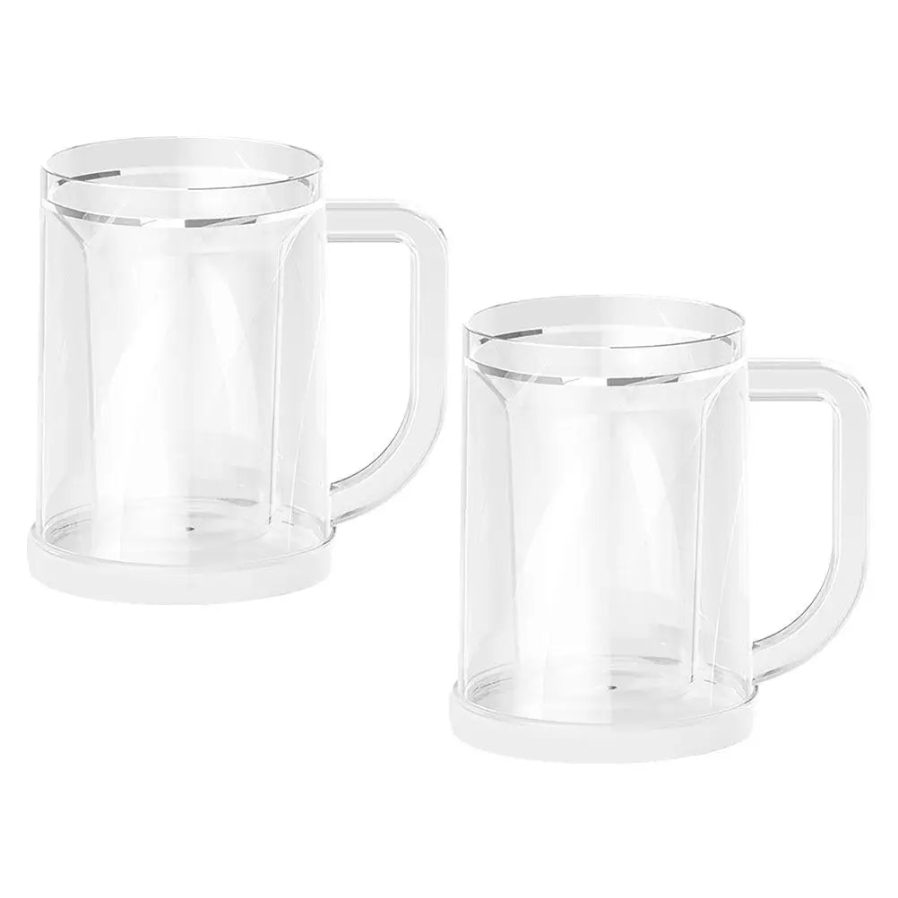 Two clear double wall plastic freezer mugs with handles, designed for cold drinks and ice, ideal for frosty beer and beverages.