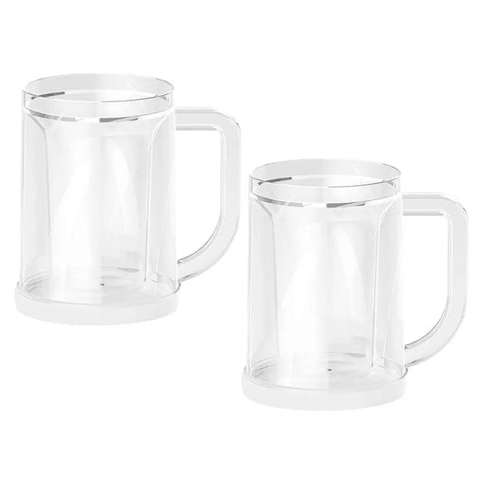 Two clear double wall plastic freezer mugs with handles, designed for cold drinks and ice, ideal for frosty beer and beverages.