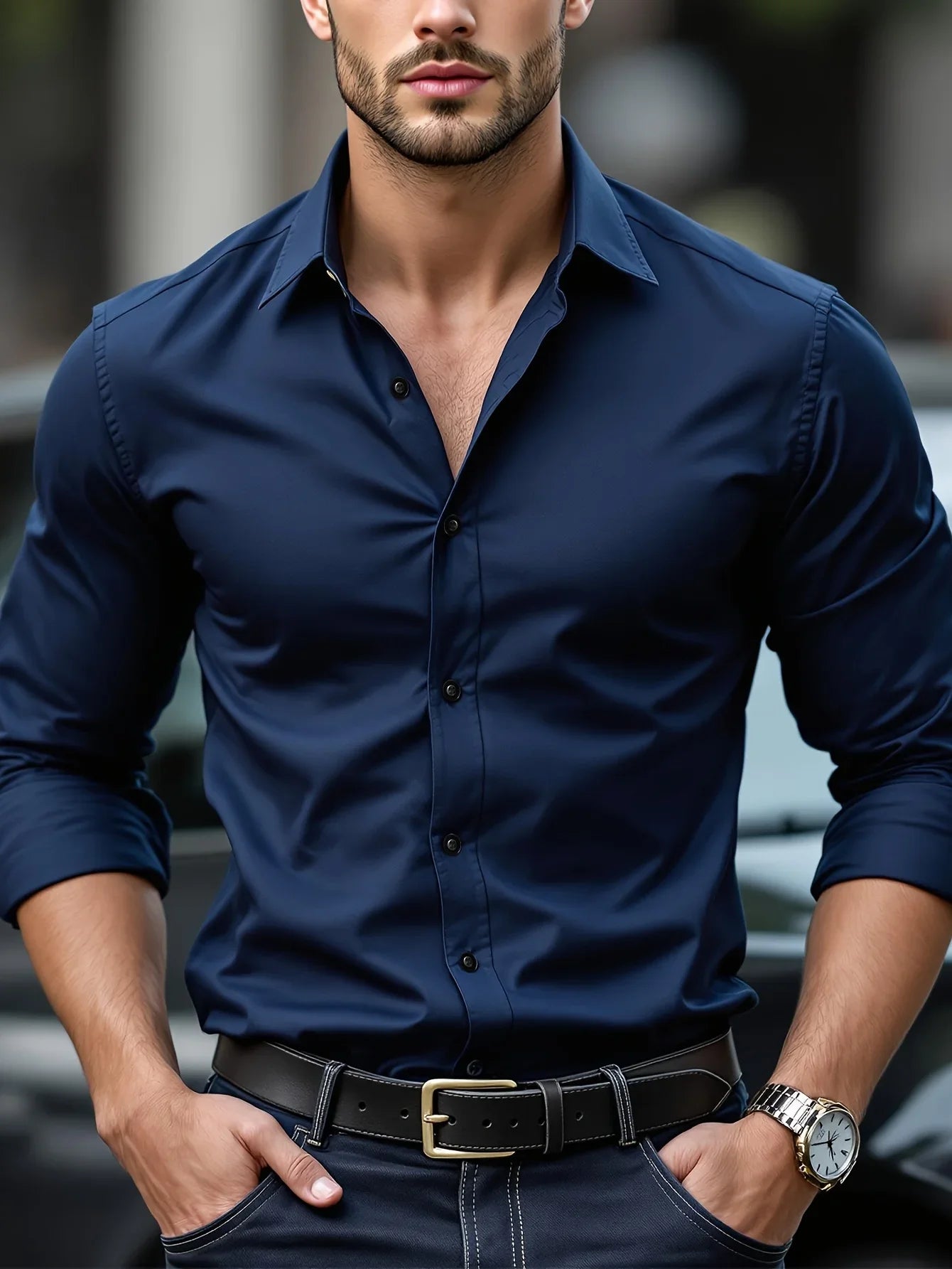 Ansoff men's long sleeve solid color casual shirt, elastic fabric, suitable for four seasons, smart business style.